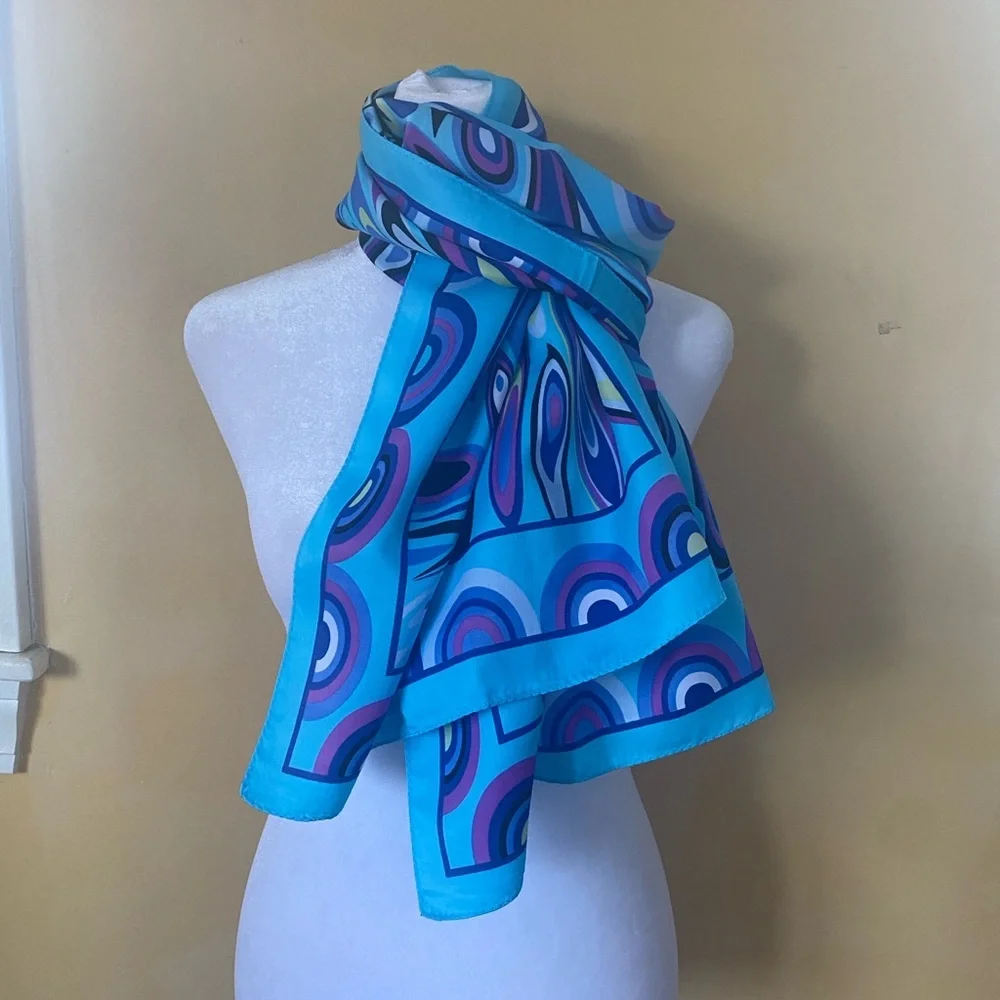 Blue and Purple Patterned Long Silk Scarf